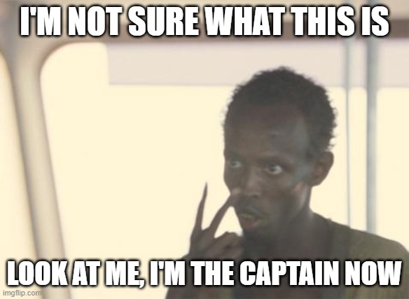 What is your meme creator? | I'M NOT SURE WHAT THIS IS; LOOK AT ME, I'M THE CAPTAIN NOW | image tagged in memes,i'm the captain now | made w/ Imgflip meme maker