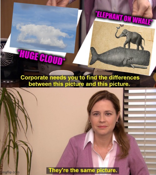 -World creation. | *ELEPHANT ON WHALE*; *HUGE CLOUD* | image tagged in memes,they're the same picture,elephant,whale,totally looks like,world | made w/ Imgflip meme maker