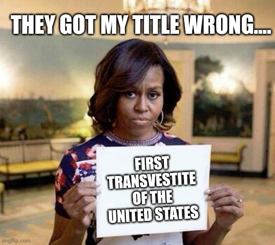 Michelle Obama blank sheet | THEY GOT MY TITLE WRONG.... FIRST TRANSVESTITE OF THE UNITED STATES | image tagged in michelle obama blank sheet | made w/ Imgflip meme maker