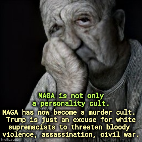 Killing America Loudly | MAGA is not only a personality cult. MAGA has now become a murder cult. 
Trump is just an excuse for white
supremacists to threaten bloody 
violence, assassination, civil war. | image tagged in maga,murder,cult,killing,civil war,white supremacists | made w/ Imgflip meme maker