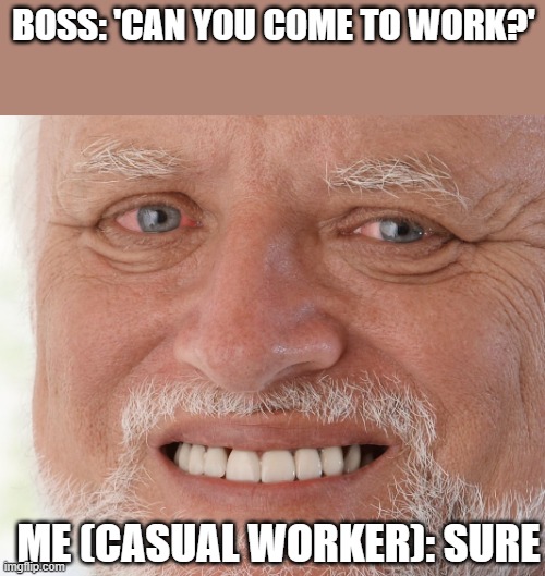 Never do casual work in school | BOSS: 'CAN YOU COME TO WORK?'; ME (CASUAL WORKER): SURE | image tagged in hide the pain harold | made w/ Imgflip meme maker