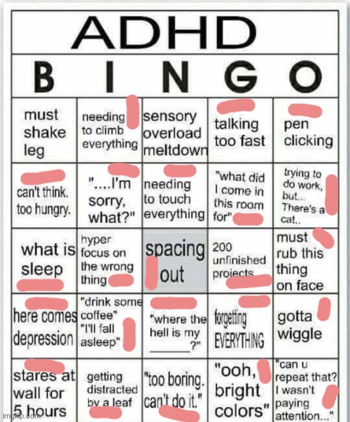 ooh, it's hard to tell if I got a bingo or not. | image tagged in adhd bingo | made w/ Imgflip meme maker