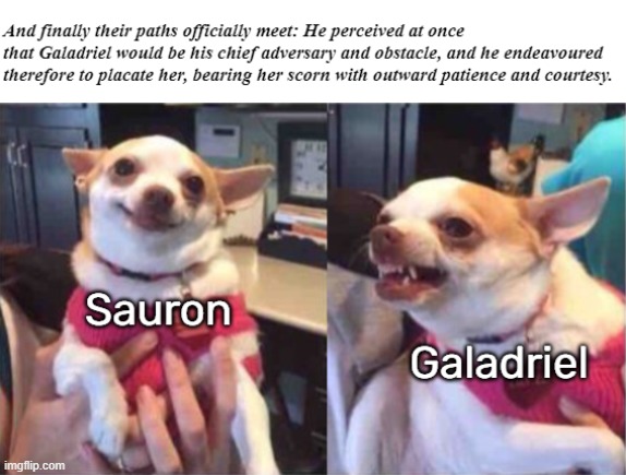 That passage will never not make me laugh. I laughed way too hard reading it for the first time | image tagged in memes,lotr,silmarillion,galadriel,sauron | made w/ Imgflip meme maker