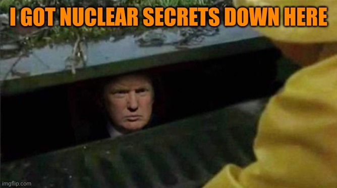 Diaper don at work, for himself | I GOT NUCLEAR SECRETS DOWN HERE | image tagged in trump pennywise | made w/ Imgflip meme maker