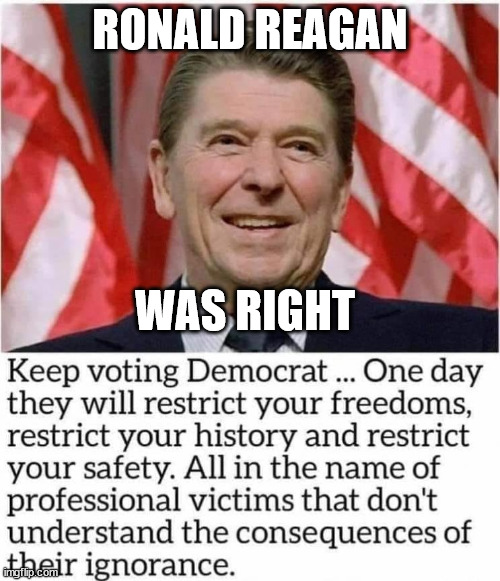 Reagan warned us... | RONALD REAGAN; WAS RIGHT | image tagged in ronald reagan | made w/ Imgflip meme maker