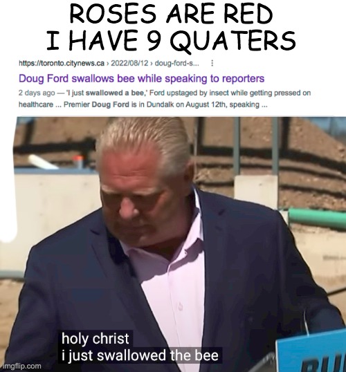 Real life incident happened 2 days ago in canada-(not sure if this is politics but i think not-) | ROSES ARE RED
I HAVE 9 QUATERS | image tagged in dougford,swallowed,a bee | made w/ Imgflip meme maker