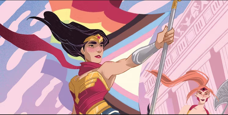 High Quality Wonder Woman with Progressive Pride Flag Blank Meme Template