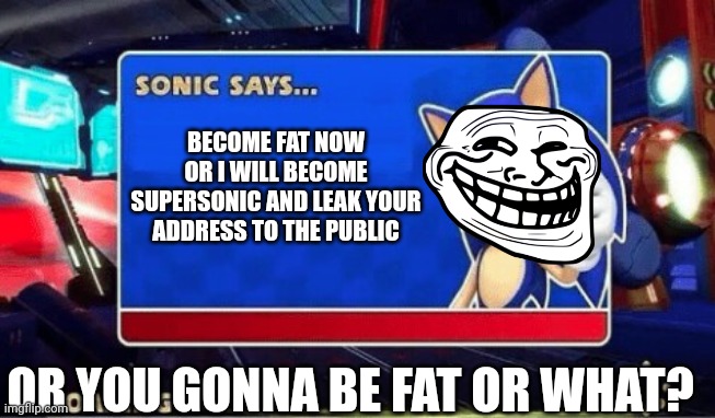 You Better Eat Now | BECOME FAT NOW OR I WILL BECOME SUPERSONIC AND LEAK YOUR ADDRESS TO THE PUBLIC; OR YOU GONNA BE FAT OR WHAT? | image tagged in sonic says | made w/ Imgflip meme maker
