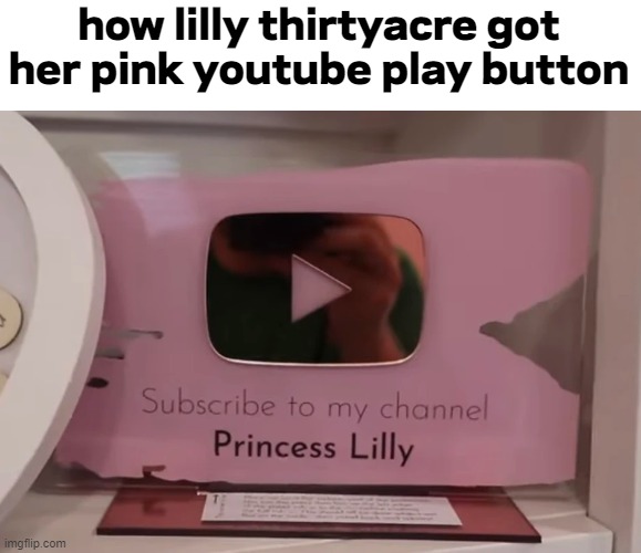Subscribe to my channel, Princess Lilly | how lilly thirtyacre got her pink youtube play button | image tagged in youtube play button,memes,funny | made w/ Imgflip meme maker