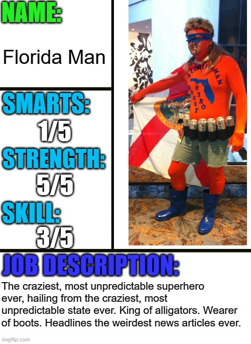 Florida Man | Florida Man; 1/5; 5/5; 3/5; The craziest, most unpredictable superhero ever, hailing from the craziest, most unpredictable state ever. King of alligators. Wearer of boots. Headlines the weirdest news articles ever. | image tagged in antiboss-heroes template,florida man,florida,meanwhile in florida | made w/ Imgflip meme maker