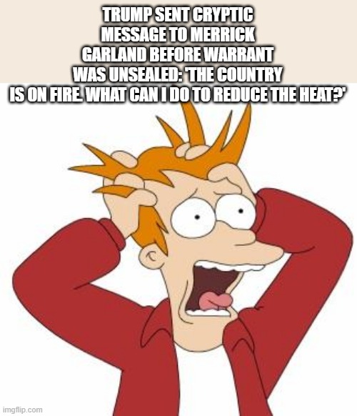 OH NO CRYPTIC MESSAGES NOW >> OH MY!!!!!!!!!!!!!!!!! | TRUMP SENT CRYPTIC MESSAGE TO MERRICK GARLAND BEFORE WARRANT WAS UNSEALED: 'THE COUNTRY IS ON FIRE. WHAT CAN I DO TO REDUCE THE HEAT?' | image tagged in fry freaking out | made w/ Imgflip meme maker