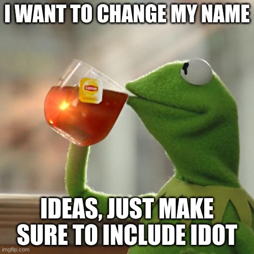 :)) |  I WANT TO CHANGE MY NAME; IDEAS, JUST MAKE SURE TO INCLUDE IDOT | image tagged in memes,but that's none of my business,kermit the frog | made w/ Imgflip meme maker