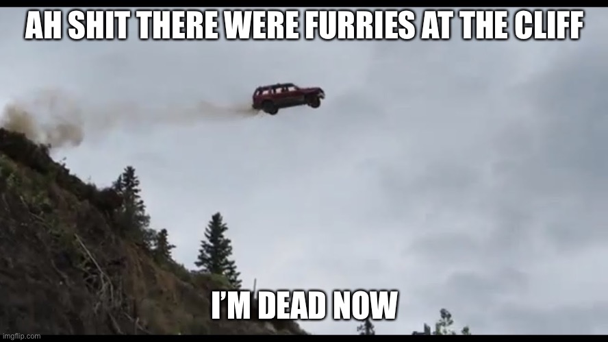 flying car | AH SHIT THERE WERE FURRIES AT THE CLIFF I’M DEAD NOW | image tagged in flying car | made w/ Imgflip meme maker