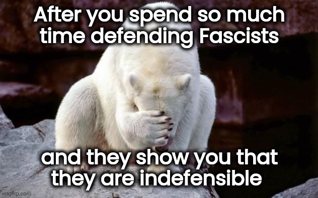 Unbearably embarrassing | After you spend so much
time defending Fascists; and they show you that
they are indefensible | image tagged in horribly embarrassed polar bear,imgflip users,liberal hypocrisy,sorry not sorry,what happened here,hypocrisy | made w/ Imgflip meme maker