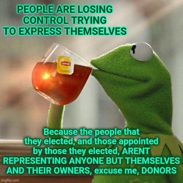Represent | PEOPLE ARE LOSING CONTROL TRYING TO EXPRESS THEMSELVES; Because the people that they elected, and those appointed by those they elected, ARENT REPRESENTING ANYONE BUT THEMSELVES AND THEIR OWNERS, excuse me, DONORS | image tagged in memes,but that's none of my business,kermit the frog,representitives,represent,trumpublican christian nationalist nazis | made w/ Imgflip meme maker