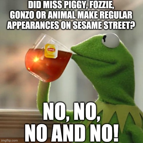 “Muppet Babies” introduced me to the non-Sesame Muppets | DID MISS PIGGY, FOZZIE, GONZO OR ANIMAL MAKE REGULAR APPEARANCES ON SESAME STREET? NO, NO, NO AND NO! | image tagged in memes,but that's none of my business,kermit the frog | made w/ Imgflip meme maker