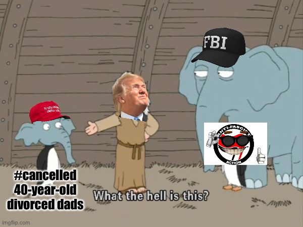Feds gonna have to explain their antifa alliance when Trump’s back, smh. Free the Jan. 6ers | #cancelled 40-year-old divorced dads | image tagged in what the hell is this,antifa,fbi,glowies,jan 6ers,chthonicgnosis | made w/ Imgflip meme maker
