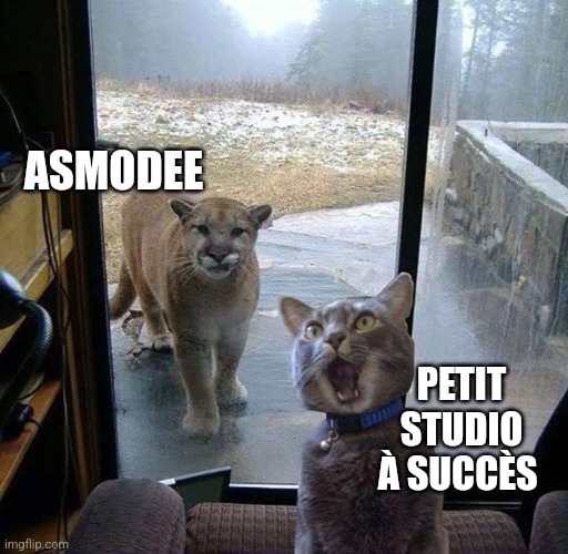 House Cat with Mountain Lion at the door | ASMODEE; PETIT STUDIO À SUCCÈS | image tagged in house cat with mountain lion at the door | made w/ Imgflip meme maker
