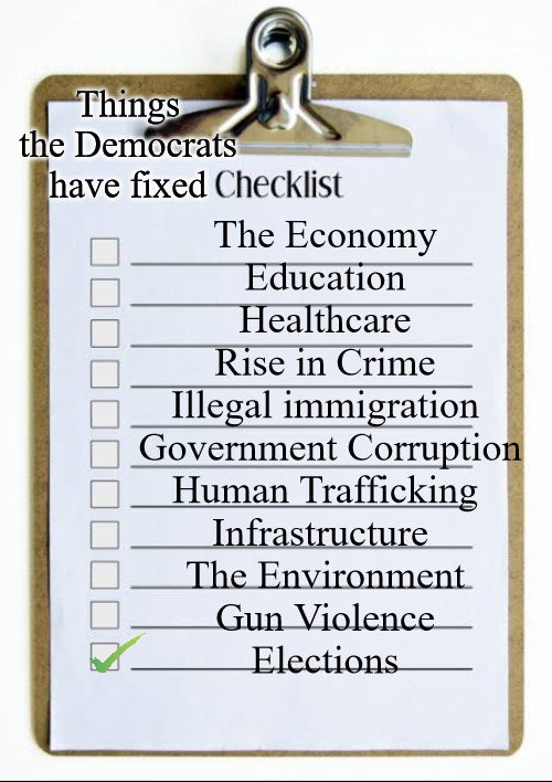 Democrat Checklist |  Things the Democrats have fixed; The Economy
Education
Healthcare
Rise in Crime
Illegal immigration
 Government Corruption
Human Trafficking
Infrastructure 
The Environment
Gun Violence
Elections | image tagged in checklist | made w/ Imgflip meme maker