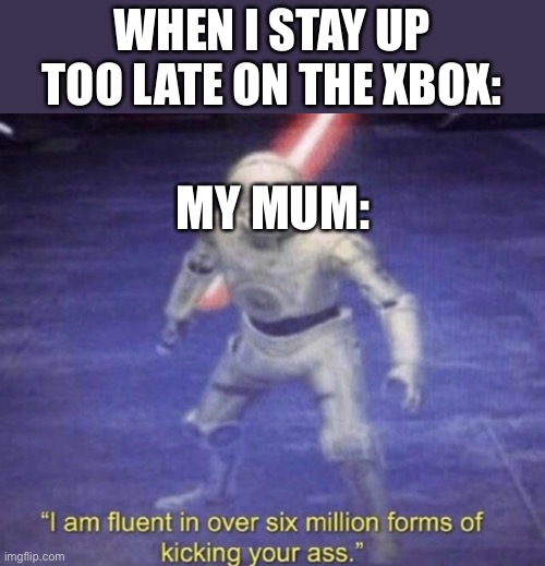 Yeet n delete | WHEN I STAY UP TOO LATE ON THE XBOX:; MY MUM: | image tagged in i am fluent in over six million forms of kicking your ass | made w/ Imgflip meme maker