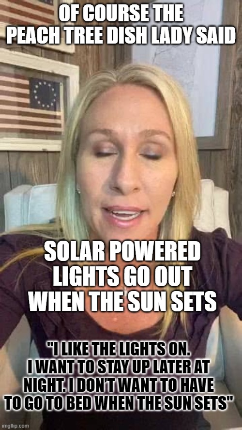 Marjorie Taylor Greene eyes shut dumb stupid QAnon | OF COURSE THE PEACH TREE DISH LADY SAID; SOLAR POWERED LIGHTS GO OUT WHEN THE SUN SETS; "I LIKE THE LIGHTS ON. I WANT TO STAY UP LATER AT NIGHT. I DON’T WANT TO HAVE TO GO TO BED WHEN THE SUN SETS" | image tagged in marjorie taylor greene eyes shut dumb stupid qanon | made w/ Imgflip meme maker