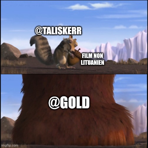 Manny step on scrat | @TALISKERR; FILM NON LITUANIEN; @GOLD | image tagged in manny step on scrat | made w/ Imgflip meme maker