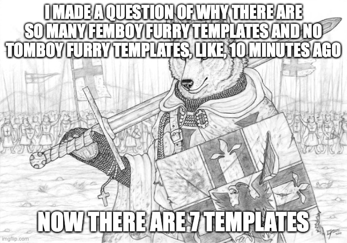 the magic of the internet (I may start helping idk might) | I MADE A QUESTION OF WHY THERE ARE SO MANY FEMBOY FURRY TEMPLATES AND NO TOMBOY FURRY TEMPLATES, LIKE, 10 MINUTES AGO; NOW THERE ARE 7 TEMPLATES | image tagged in fursader | made w/ Imgflip meme maker