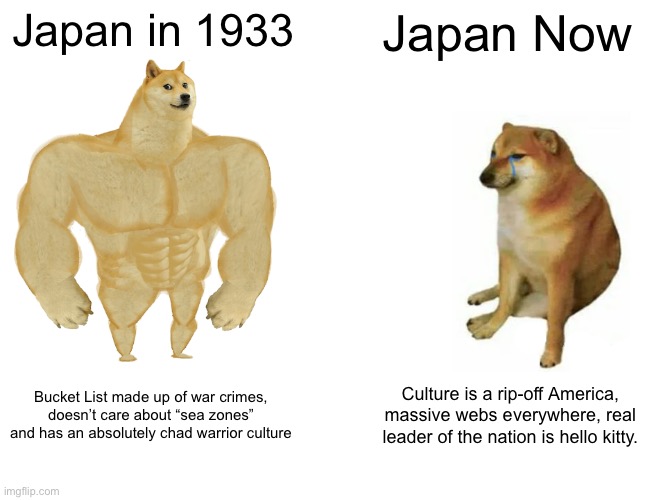 Deterioration |  Japan in 1933; Japan Now; Bucket List made up of war crimes, doesn’t care about “sea zones” and has an absolutely chad warrior culture; Culture is a rip-off America, massive webs everywhere, real leader of the nation is hello kitty. | image tagged in memes,buff doge vs cheems | made w/ Imgflip meme maker