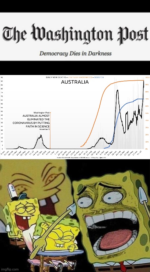 Doesn't look good for the vaccinated | image tagged in washington post,spongebob laughing hysterically,covid vaccine,covid-19,vaccination,australia | made w/ Imgflip meme maker