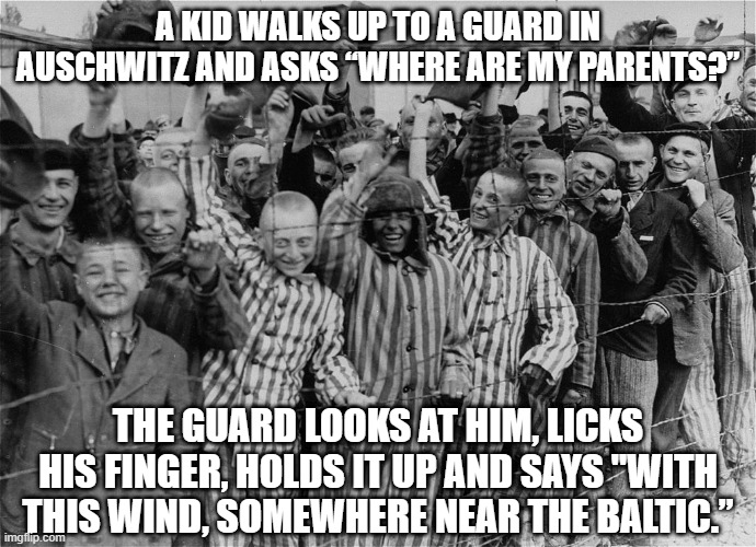 Dust in the Wind | A KID WALKS UP TO A GUARD IN AUSCHWITZ AND ASKS “WHERE ARE MY PARENTS?”; THE GUARD LOOKS AT HIM, LICKS HIS FINGER, HOLDS IT UP AND SAYS "WITH THIS WIND, SOMEWHERE NEAR THE BALTIC.” | image tagged in russia putin jews auschwitz | made w/ Imgflip meme maker