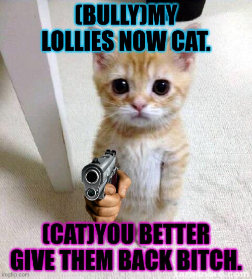 when the cat is the quit kid | (BULLY)MY LOLLIES NOW CAT. (CAT)YOU BETTER GIVE THEM BACK BITCH. | image tagged in memes,cute cat | made w/ Imgflip meme maker