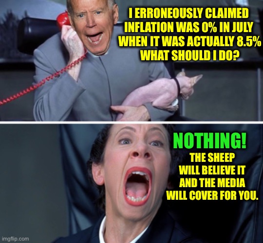 July Inflation | I ERRONEOUSLY CLAIMED 
INFLATION WAS 0% IN JULY 
WHEN IT WAS ACTUALLY 8.5%
WHAT SHOULD I DO? THE SHEEP WILL BELIEVE IT AND THE MEDIA WILL COVER FOR YOU. NOTHING! | image tagged in biden frau | made w/ Imgflip meme maker