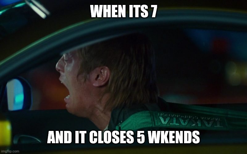 Racer | WHEN ITS 7; AND IT CLOSES 5 WKENDS | image tagged in driver,funny animals,corona beer,fast and furious,dark helmet,hiroshima | made w/ Imgflip meme maker