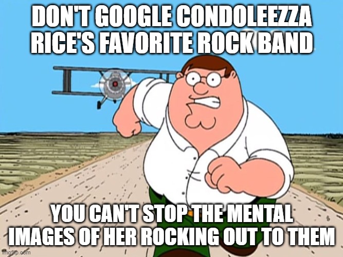 no | DON'T GOOGLE CONDOLEEZZA RICE'S FAVORITE ROCK BAND; YOU CAN'T STOP THE MENTAL IMAGES OF HER ROCKING OUT TO THEM | image tagged in don't search | made w/ Imgflip meme maker