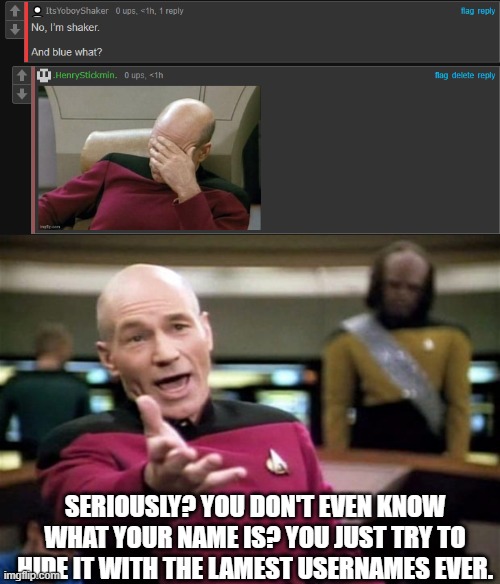 SERIOUSLY? YOU DON'T EVEN KNOW WHAT YOUR NAME IS? YOU JUST TRY TO HIDE IT WITH THE LAMEST USERNAMES EVER. | image tagged in startrek | made w/ Imgflip meme maker
