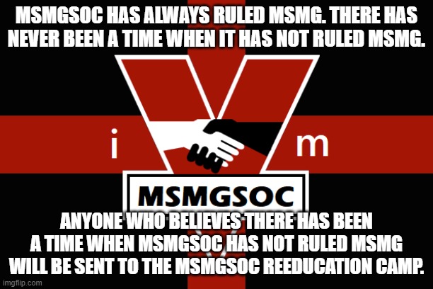 MSMGSOC flag | MSMGSOC HAS ALWAYS RULED MSMG. THERE HAS NEVER BEEN A TIME WHEN IT HAS NOT RULED MSMG. ANYONE WHO BELIEVES THERE HAS BEEN A TIME WHEN MSMGSOC HAS NOT RULED MSMG WILL BE SENT TO THE MSMGSOC REEDUCATION CAMP. | image tagged in msmgsoc flag | made w/ Imgflip meme maker