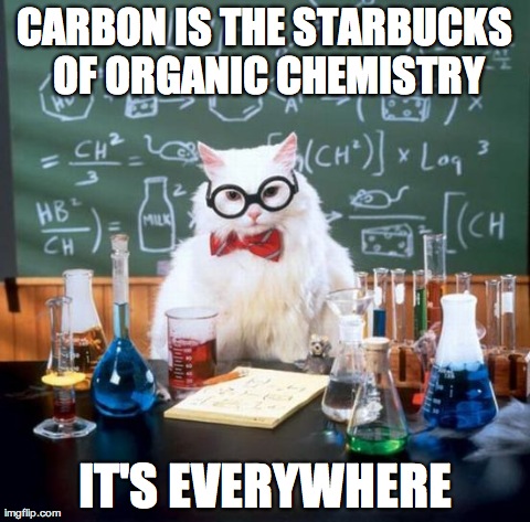 Chemistry Cat Meme | CARBON IS THE STARBUCKS OF ORGANIC CHEMISTRY IT'S EVERYWHERE | image tagged in memes,chemistry cat | made w/ Imgflip meme maker