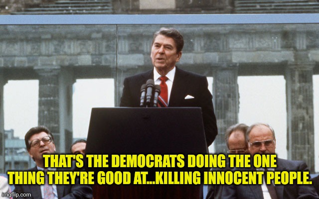 Ronald Reagan Wall | THAT'S THE DEMOCRATS DOING THE ONE THING THEY'RE GOOD AT...KILLING INNOCENT PEOPLE. | image tagged in ronald reagan wall | made w/ Imgflip meme maker