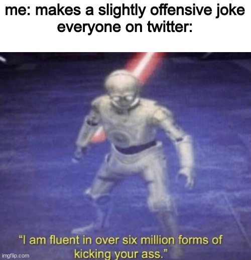 idk what to call this | me: makes a slightly offensive joke
everyone on twitter: | image tagged in i am fluent in over six million forms of kicking your ass | made w/ Imgflip meme maker