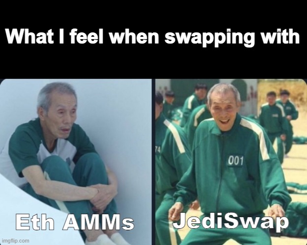 Squid game old man | What I feel when swapping with; JediSwap; Eth AMMs | image tagged in squid game old man | made w/ Imgflip meme maker