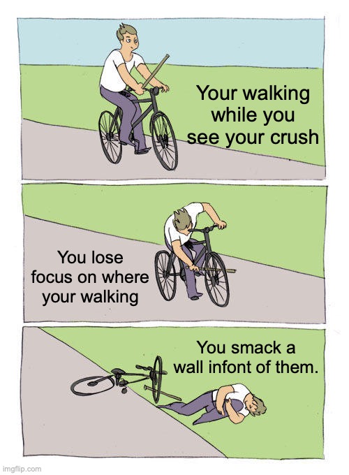 Me-me |  Your walking while you see your crush; You lose focus on where your walking; You smack a wall infont of them. | image tagged in memes,bike fall,crush,when your crush,smack | made w/ Imgflip meme maker