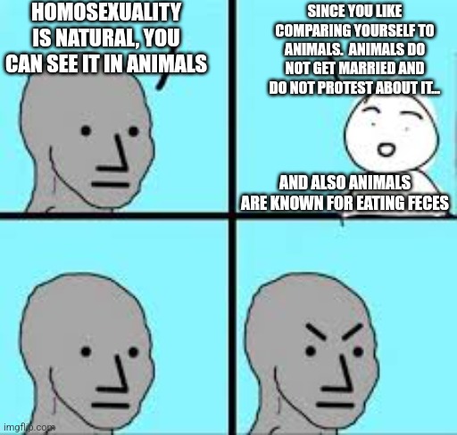 Valid argument | HOMOSEXUALITY IS NATURAL, YOU CAN SEE IT IN ANIMALS; SINCE YOU LIKE COMPARING YOURSELF TO ANIMALS.  ANIMALS DO NOT GET MARRIED AND DO NOT PROTEST ABOUT IT... AND ALSO ANIMALS ARE KNOWN FOR EATING FECES | image tagged in valid argument | made w/ Imgflip meme maker