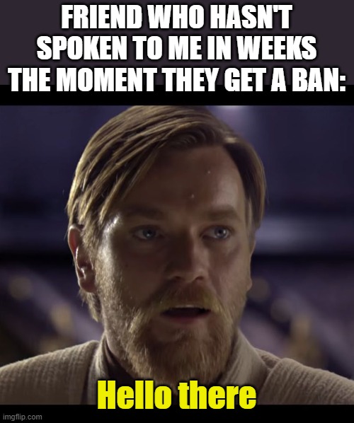 bassed off of a true story | FRIEND WHO HASN'T SPOKEN TO ME IN WEEKS THE MOMENT THEY GET A BAN:; Hello there | image tagged in hello there | made w/ Imgflip meme maker