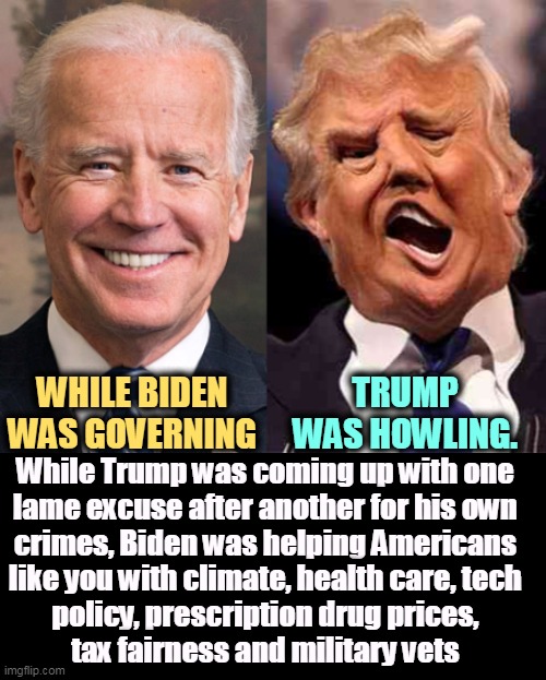 Sometimes Trump's self-absorption is just stunning. | TRUMP WAS HOWLING. WHILE BIDEN WAS GOVERNING; While Trump was coming up with one 
lame excuse after another for his own 
crimes, Biden was helping Americans 
like you with climate, health care, tech 
policy, prescription drug prices, 
tax fairness and military vets | image tagged in biden solid stable trump acid drugs,trump,selfish,criminality,biden,america | made w/ Imgflip meme maker