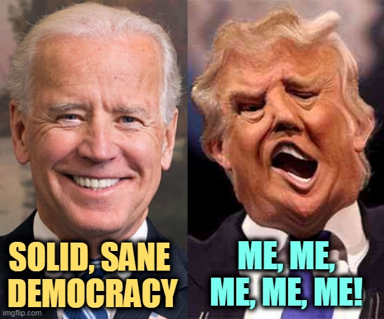 Trump only has one subject, himself. The rest is all snake oil. | ME, ME, ME, ME, ME! SOLID, SANE 
DEMOCRACY | image tagged in biden solid stable trump acid drugs,biden,democracy,trump,selfish,malignant narcissism | made w/ Imgflip meme maker
