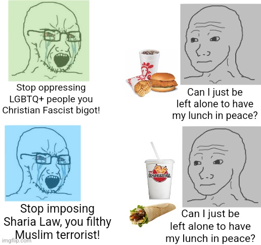 The left are triggered by Chick Fil A, the right are triggered by Halal food | Stop oppressing LGBTQ+ people you Christian Fascist bigot! Can I just be left alone to have my lunch in peace? Stop imposing Sharia Law, you filthy Muslim terrorist! Can I just be left alone to have my lunch in peace? | image tagged in political compass,triggered liberal,triggered conservative,centrist,chick fil a,shawarma | made w/ Imgflip meme maker