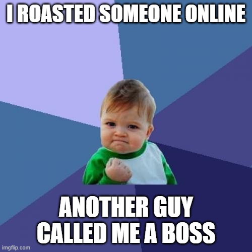 Success Kid |  I ROASTED SOMEONE ONLINE; ANOTHER GUY CALLED ME A BOSS | image tagged in memes,success kid | made w/ Imgflip meme maker