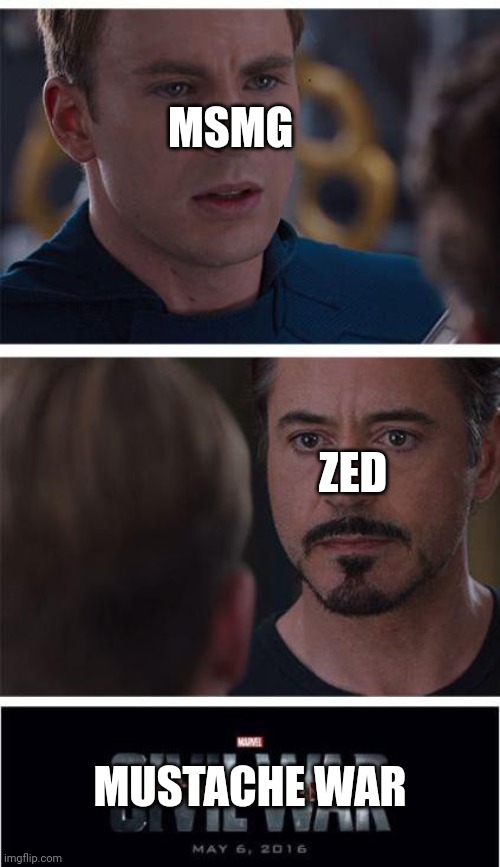 Idfk | MSMG; ZED; MUSTACHE WAR | image tagged in memes,marvel civil war 1 | made w/ Imgflip meme maker
