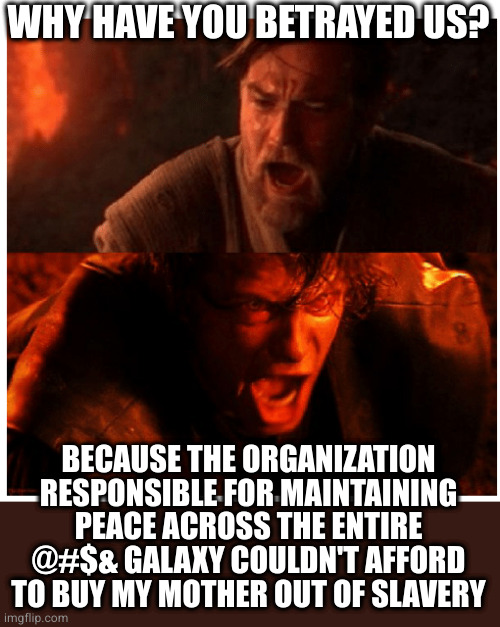 This plot hole always struck me as rather lazy | WHY HAVE YOU BETRAYED US? BECAUSE THE ORGANIZATION RESPONSIBLE FOR MAINTAINING PEACE ACROSS THE ENTIRE @#$& GALAXY COULDN'T AFFORD TO BUY MY MOTHER OUT OF SLAVERY | image tagged in you were the chosen one blank | made w/ Imgflip meme maker
