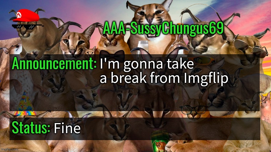 cya | I'm gonna take a break from Imgflip; Fine | image tagged in memes,funny,aaa-sussychungus69 announcement template,imgflip,bye,stop reading the tags | made w/ Imgflip meme maker